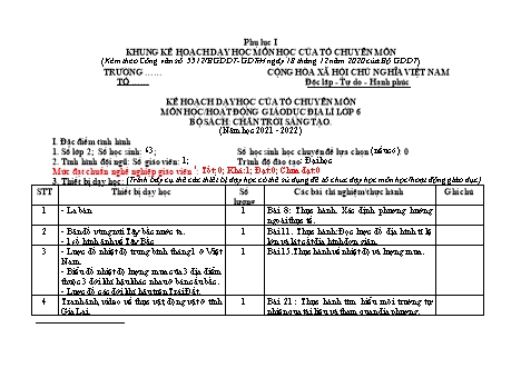 Kế hoạch dạy học Lịch sử Lớp 6 Sách Chân trời sáng tạo theo CV5512 - Năm học 2021-2022