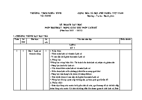 Kế hoạch dạy học Lịch sử Lớp 6 Sách Kết nối tri thức với cuộc sống - Năm học 2021-2022 - Trường THCS Nghĩa Bình