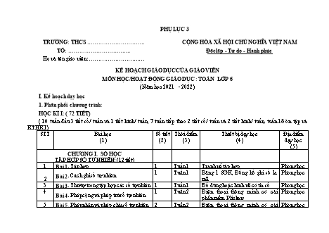 Kế hoạch dạy học Toán Lớp 6 Sách Chân trời sáng tạo - Năm học 2021-2022