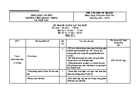 Kế hoạch giảng dạy Ngữ văn Lớp 8 theo CV404 - Chương trình học kì 1 - Năm học 2021-2022 - Trường THCS Quang Trung