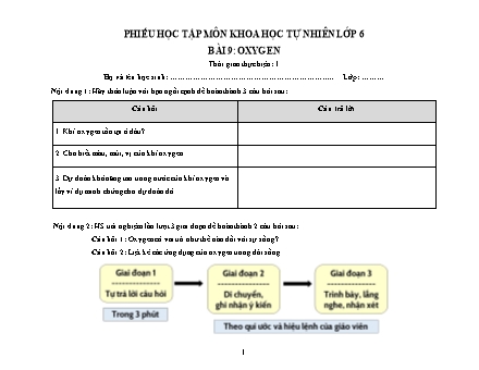Phiếu học tập Khoa học tự nhiên Lớp 6 Sách Chân trời sáng tạo - Chủ đề 3: Oxygen và không khí - Bài 9: Oxygen