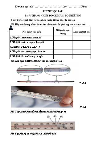 Phiếu học tập Khoa học tự nhiên Lớp 6 Sách Chân trời sáng tạo - Chủ đề 1: Các phép đo - Bài 7: Thang nhiệt độ Celsius. Đo nhiệt độ