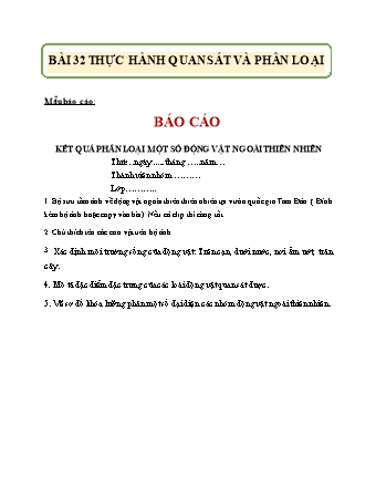 Phiếu học tập Khoa học tự nhiên Lớp 6 Sách Chân trời sáng tạo - Chủ đề 8: Đa dạng thế giới sống - Bài 32: Thực hành quan sát và phân loại