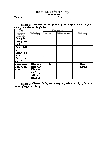 Phiếu học tập Khoa học tự nhiên Lớp 6 Sách Chân trời sáng tạo - Chủ đề 8: Đa dạng thế giới sống - Bài 27: Nguyên sinh vật - Phiếu số 2