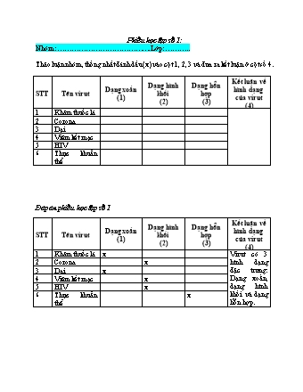 Phiếu học tập Khoa học tự nhiên Lớp 6 Sách Chân trời sáng tạo - Chủ đề 8: Đa dạng thế giới sống - Bài 24: Virut - Phiếu số 1