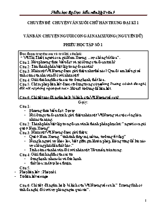 Phiếu học tập Ngữ văn Lớp 9 - Chuyên đề: Chuyện văn xuôi chữ Hán trung đại
