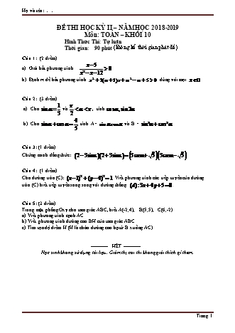 Bài kiểm tra Học kì 2 môn Toán Khối 10 - Năm học 2018-2019