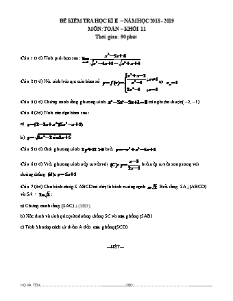 Bài kiểm tra Học kì 2 môn Toán Lớp 11 - Năm học 2018-2019 (Kèm đáp án và thang điểm)