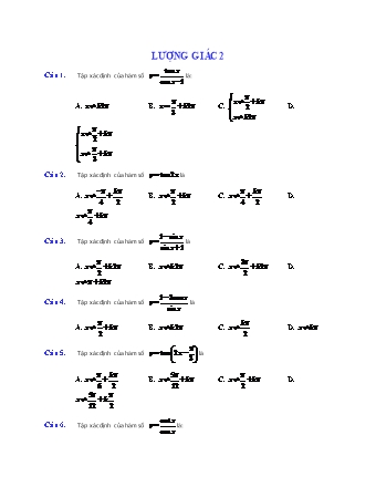 Câu hỏi trắc nghiệm Giải tích Lớp 11 - Chương 1: Lượng giác (Phần 2)