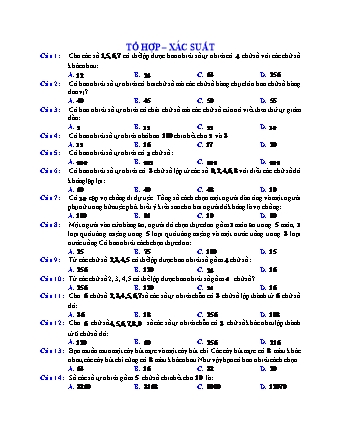 Câu hỏi trắc nghiệm Giải tích Lớp 11 - Chương 2: Tổ hợp. Xác suất (Phần 1)