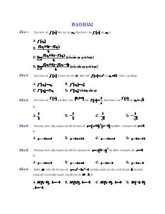 Câu hỏi trắc nghiệm Giải tích Lớp 11 - Chương 5: Đạo hàm