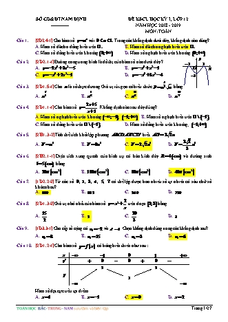 Đề khảo sát chất lượng Học kì 1 môn Toán Lớp 12 - Năm học 2018-2019 - Sở giáo dục và đào tạo Nam Định (Có lời giải)