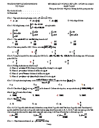 Đề khảo sát năng lực môn Toán Lớp 12 - Năm học 2018-2019 - Trường THPT Lê Hồng Phong (Có đáp án)