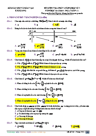 Đề kiểm tra chất lượng Học kì 1 môn Toán Lớp 12 - Năm học 2018-2019 - Sở giáo dục và đào tạo Bắc Giang (Có lời giải)