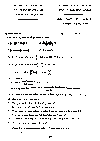 Đề kiểm tra Cuối học kì 2 môn Toán Lớp 10 - Năm học 2018-2019 - Trường THPT Hiệp Bình