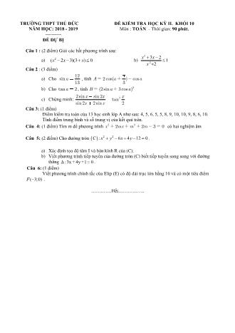 Đề kiểm tra dự bị Học kì 2 môn Toán Lớp 10 - Năm học 2018-2019 - Trường THPT Thủ Đức
