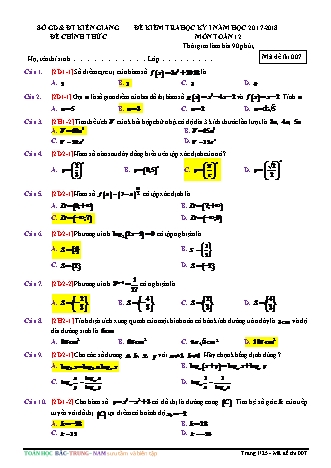 Đề kiểm tra Học kì 1 môn Toán Lớp 12 - Mã đề: 007 - Năm học 2017-2018 - Sở giáo dục và đào tạo Kiên Giang (Có lời giải)