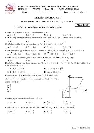 Đề kiểm tra Học kì 1 môn Toán Lớp 12 - Mã đề: 130 - Năm học 2018-2019