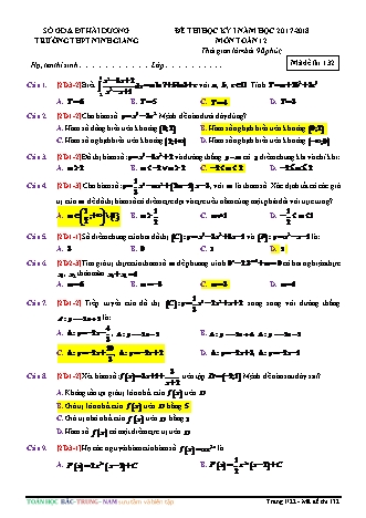 Đề kiểm tra Học kì 1 môn Toán Lớp 12 - Mã đề: 132 - Năm học 2017-2018 - Trường THPT Ninh Giang (Có lời giải)