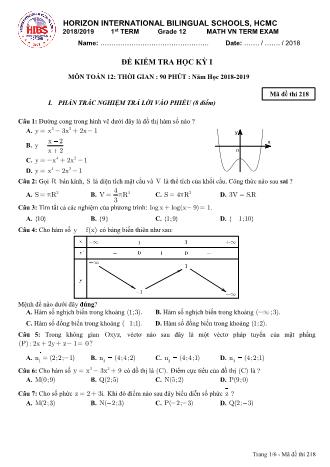 Đề kiểm tra Học kì 1 môn Toán Lớp 12 - Mã đề: 218 - Năm học 2018-2019