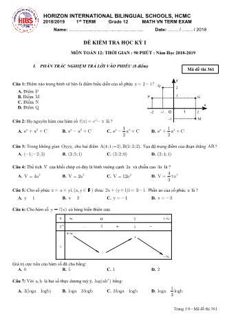 Đề kiểm tra Học kì 1 môn Toán Lớp 12 - Mã đề: 361 - Năm học 2018-2019