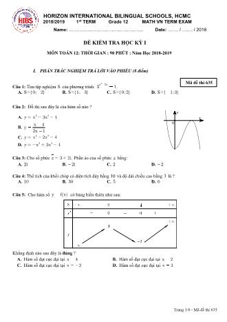 Đề kiểm tra Học kì 1 môn Toán Lớp 12 - Mã đề: 635 - Năm học 2018-2019