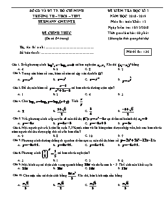 Đề kiểm tra Học kì 1 môn Toán Lớp 12 - Năm học 2018-2019 - Trường THPT Hermann Gmeiner (Có đáp án)