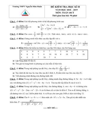 Đề kiểm tra Học kì 2 chuyên Toán Lớp 10 - Năm học 2018-2019 - Trường THPT Nguyễn Hữu Huân