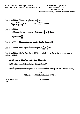 Đề kiểm tra Học kì 2 môn Toán Lớp 10 - Năm học 2018-2019 - Trường THPT Nguyễn Bỉnh Khiêm (Kèm đáp án và thang điểm)
