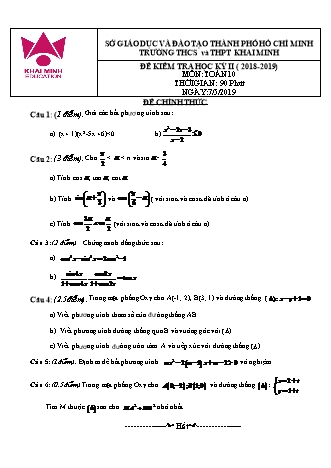Đề kiểm tra Học kì 2 môn Toán Lớp 10 - Năm học 2018-2019 - Trường THPT Khai Minh (Kèm đáp án và thang điểm)
