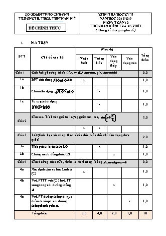 Đề kiểm tra Học kì 2 môn Toán Lớp 10 - Năm học 2018-2019 - Trường THPT Nam Mỹ (Kèm đáp án và thang điểm)