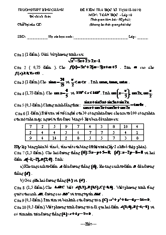 Đề kiểm tra Học kì 2 môn Toán Lớp 10 - Năm học 2018-2019 - Trường THPT Bình Chánh (Kèm đáp án và thang điểm)