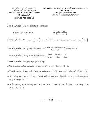 Đề kiểm tra Học kì 2 môn Toán Lớp 10 - Năm học 2018-2019 - Trường THPT Phước Kiến (Kèm đáp án và thang điểm)