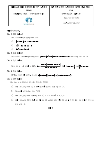 Đề kiểm tra Học kì 2 môn Toán Lớp 10 - Năm học 2018-2019 - Trường THPT Sao Việt (Kèm đáp án và thang điểm)