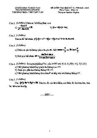 Đề kiểm tra Học kì 2 môn Toán Lớp 10 - Năm học 2018-2019 - Trường THPT Duy Tân