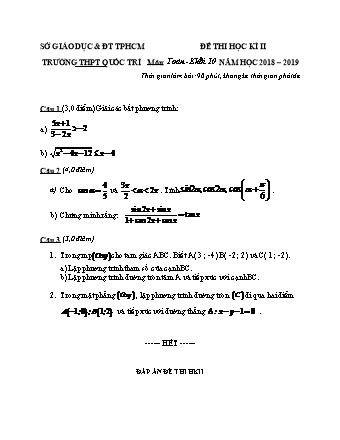 Đề kiểm tra Học kì 2 môn Toán Lớp 10 - Năm học 2018-2019 - Trường THPT Quốc Trí (Kèm đáp án và thang điểm)