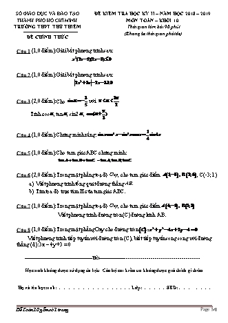 Đề kiểm tra Học kì 2 môn Toán Lớp 10 - Năm học 2018-2019 - Trường THPT Thủ Thiêm