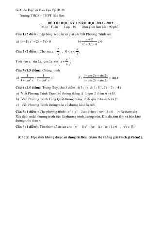 Đề kiểm tra Học kì 2 môn Toán Lớp 10 - Năm học 2018-2019 - Trường THPT Bắc Sơn (Kèm đáp án và thang điểm)