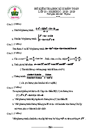 Đề kiểm tra Học kì 2 môn Toán Lớp 10 - Năm học 2018-2019 - Trường THPT Tam Phú (Kèm đáp án và thang điểm)