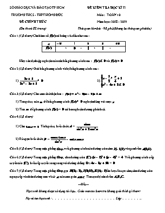 Đề kiểm tra Học kì 2 môn Toán Lớp 10 - Năm học 2018-2019 - Trường THPT Hồng Đức (Kèm đáp án và thang điểm)