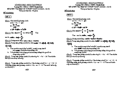 Đề kiểm tra Học kì 2 môn Toán Lớp 10 - Năm học 2018-2019 - Trường THPT Thanh Bình
