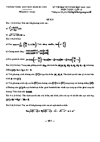 Đề kiểm tra Học kì 2 môn Toán Lớp 10 - Năm học 2018-2019 - Trường THPT Thực hành Sài Gòn (Kèm đáp án và thang điểm)