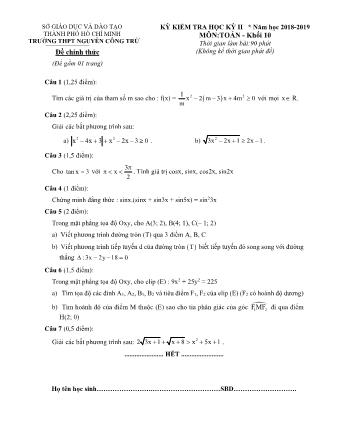 Đề kiểm tra Học kì 2 môn Toán Lớp 10 - Năm học 2018-2019 - Trường THPT Nguyễn Công Trứ (Kèm hướng dẫn chấm)