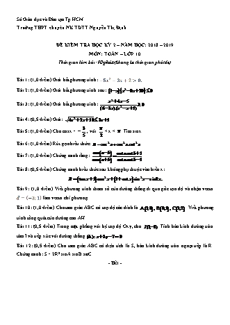 Đề kiểm tra Học kì 2 môn Toán Lớp 10 - Năm học 2018-2019 - Trường THPT chuyên năng khiếu Nguyễn Thị Định (Kèm đáp án và thang điểm)