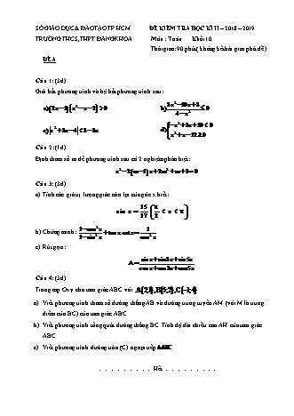 Đề kiểm tra Học kì 2 môn Toán Lớp 10 - Năm học 2018-2019 - Trường THPT Đăng Khoa (Kèm đáp án và thang điểm)