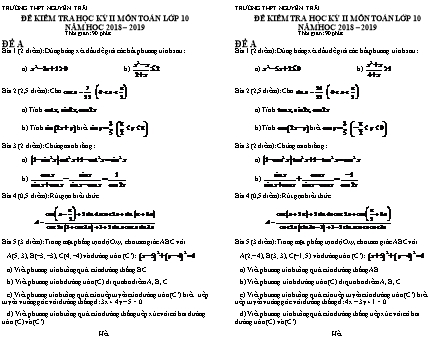 Đề kiểm tra Học kì 2 môn Toán Lớp 10 - Năm học 2018-2019 - Trường THPT Nguyễn Trãi (Kèm đáp án và thang điểm)