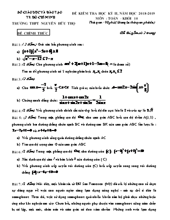 Đề kiểm tra Học kì 2 môn Toán Lớp 10 - Năm học 2018-2019 - Trường THPT Nguyễn Hữu Thọ (Kèm đáp án và thang điểm)