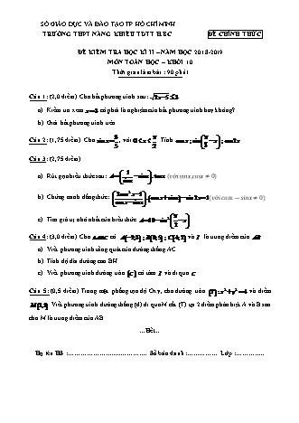 Đề kiểm tra Học kì 2 môn Toán Lớp 10 - Năm học 2018-2019 - Trường THPT Năng khiếu Thể dục thể thao Hai Bà Trưng (Kèm đáp án và thang điểm)