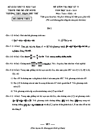 Đề kiểm tra Học kì 2 môn Toán Lớp 10 - Năm học 2018-2019 - Trường THPT Phạm Phú Thứ (Kèm đáp án và thang điểm)
