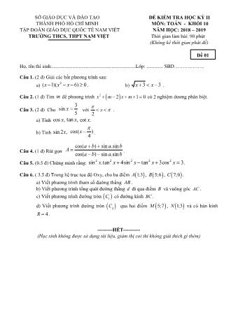 Đề kiểm tra Học kì 2 môn Toán Lớp 10 - Năm học 2018-2019 - Trường THPT Nam Việt